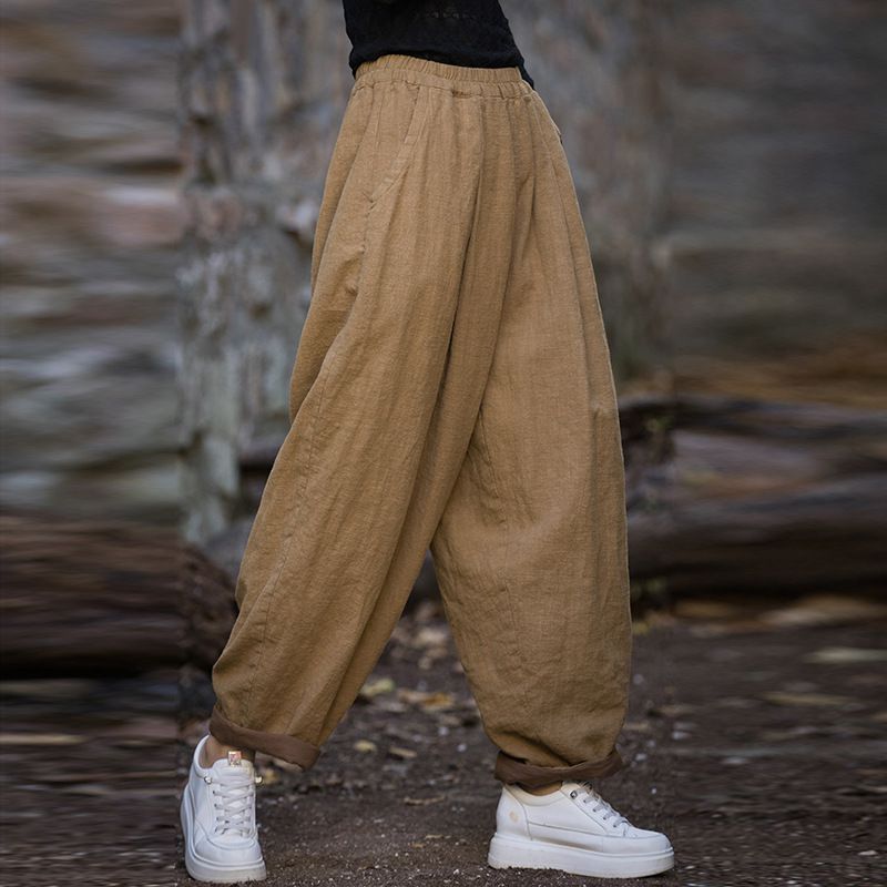 24 spring and summer new cotton and linen women's loose casual elastic waist lining double carrot pants women's harem pants