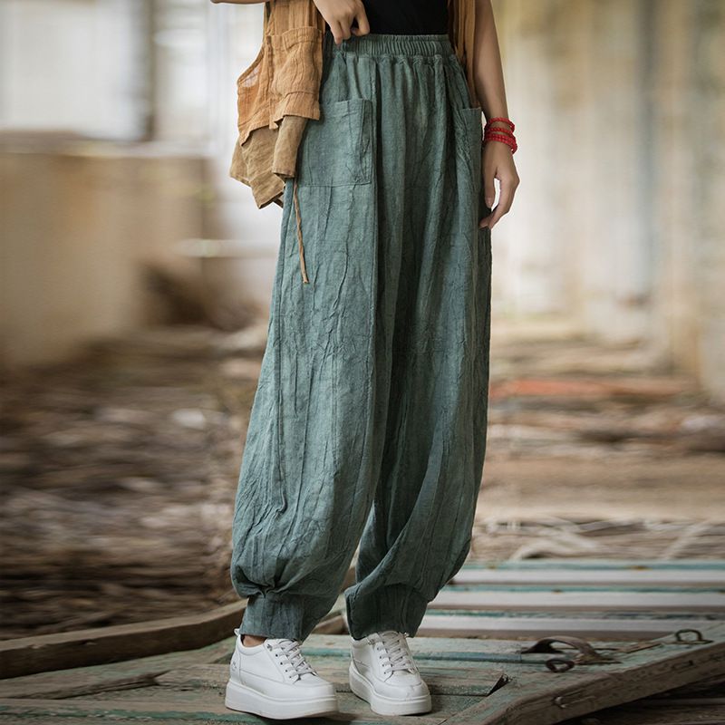 24 spring cotton and linen women's new tie-dye do old pants casual retro personality atmosphere Zen female lantern pants